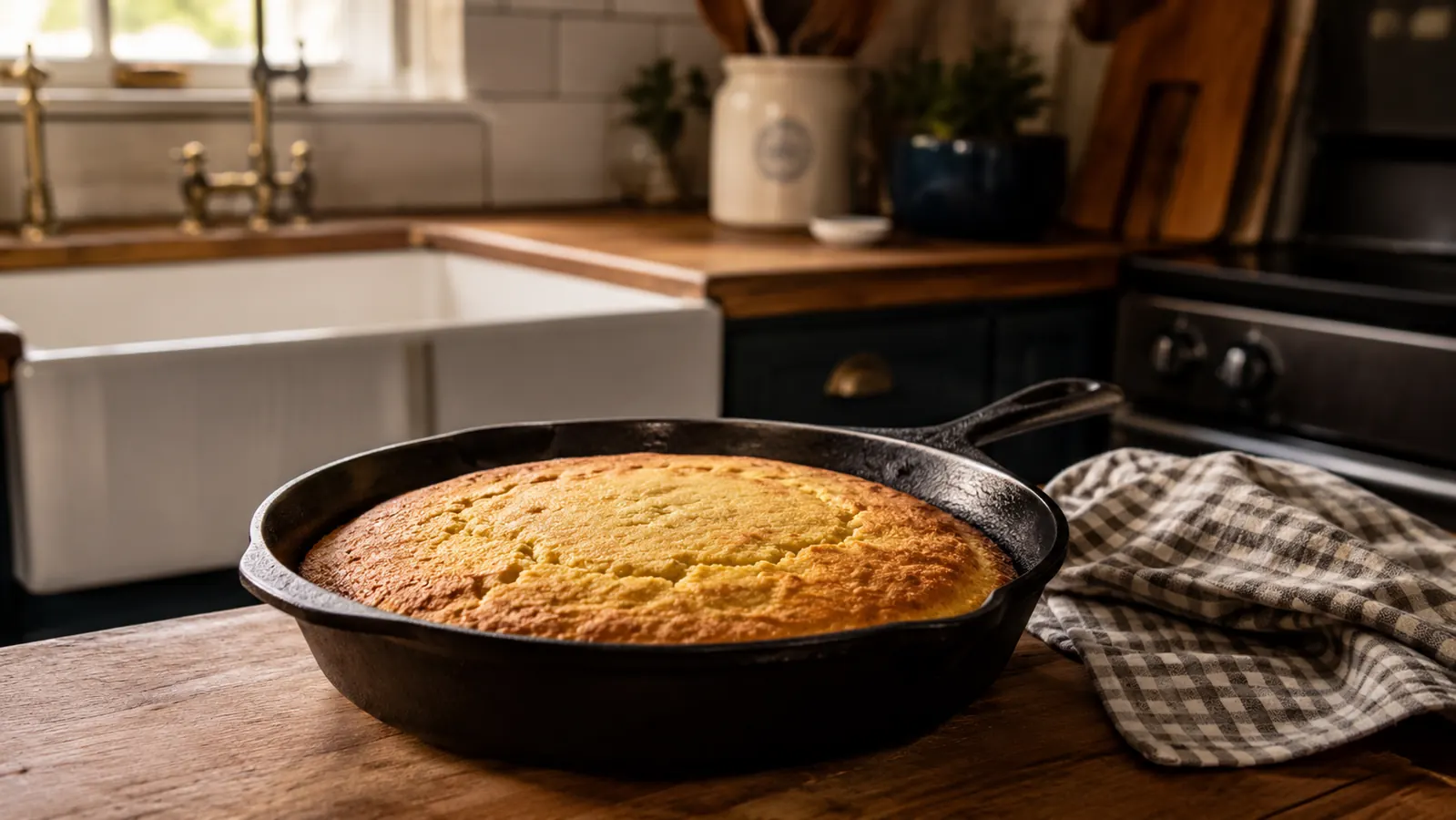 Wedges of golden cornbread cooling in a cast iron skillet, a folded dish towel draped nearby