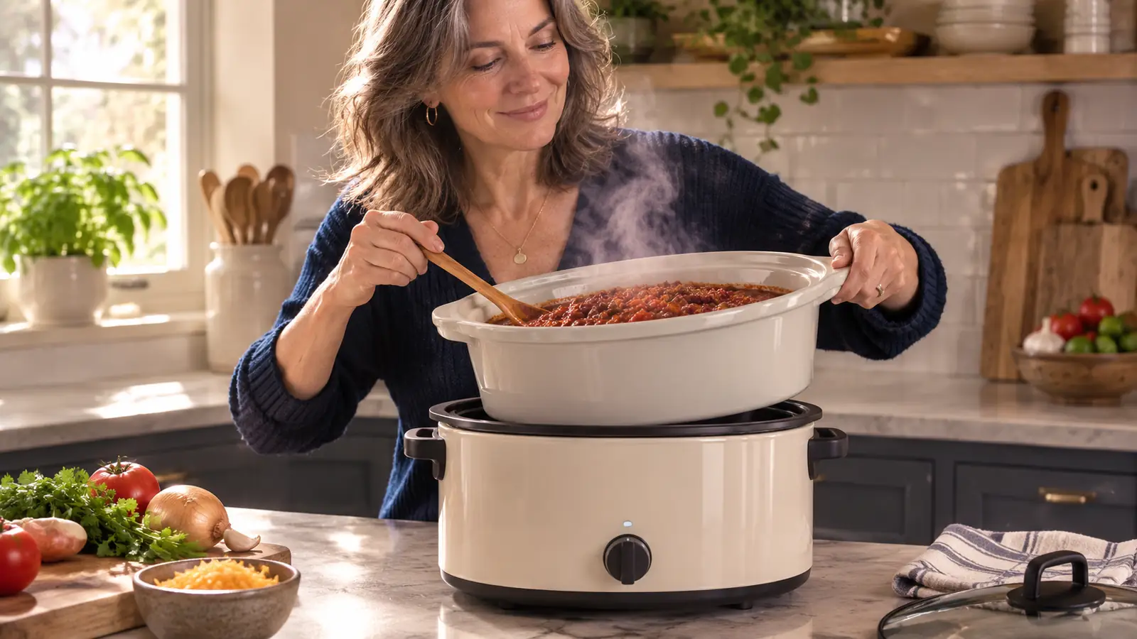 A hand lifting the stoneware insert out of the slow cooker to stir bubbling chili with a wooden spoon