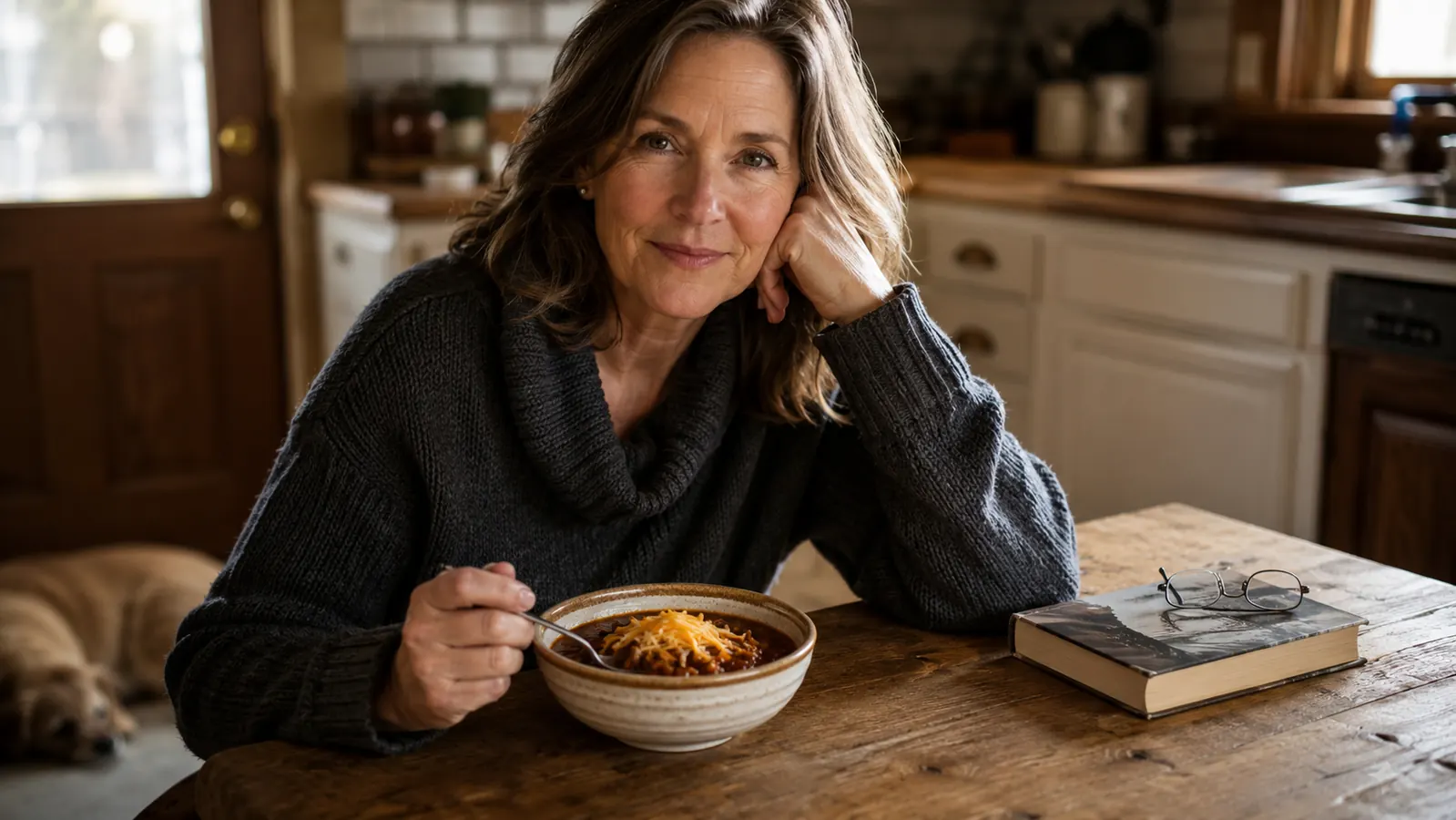 A bowl of chili with shredded cheddar cheese on a rustic wooden table beside a closed hardcover book