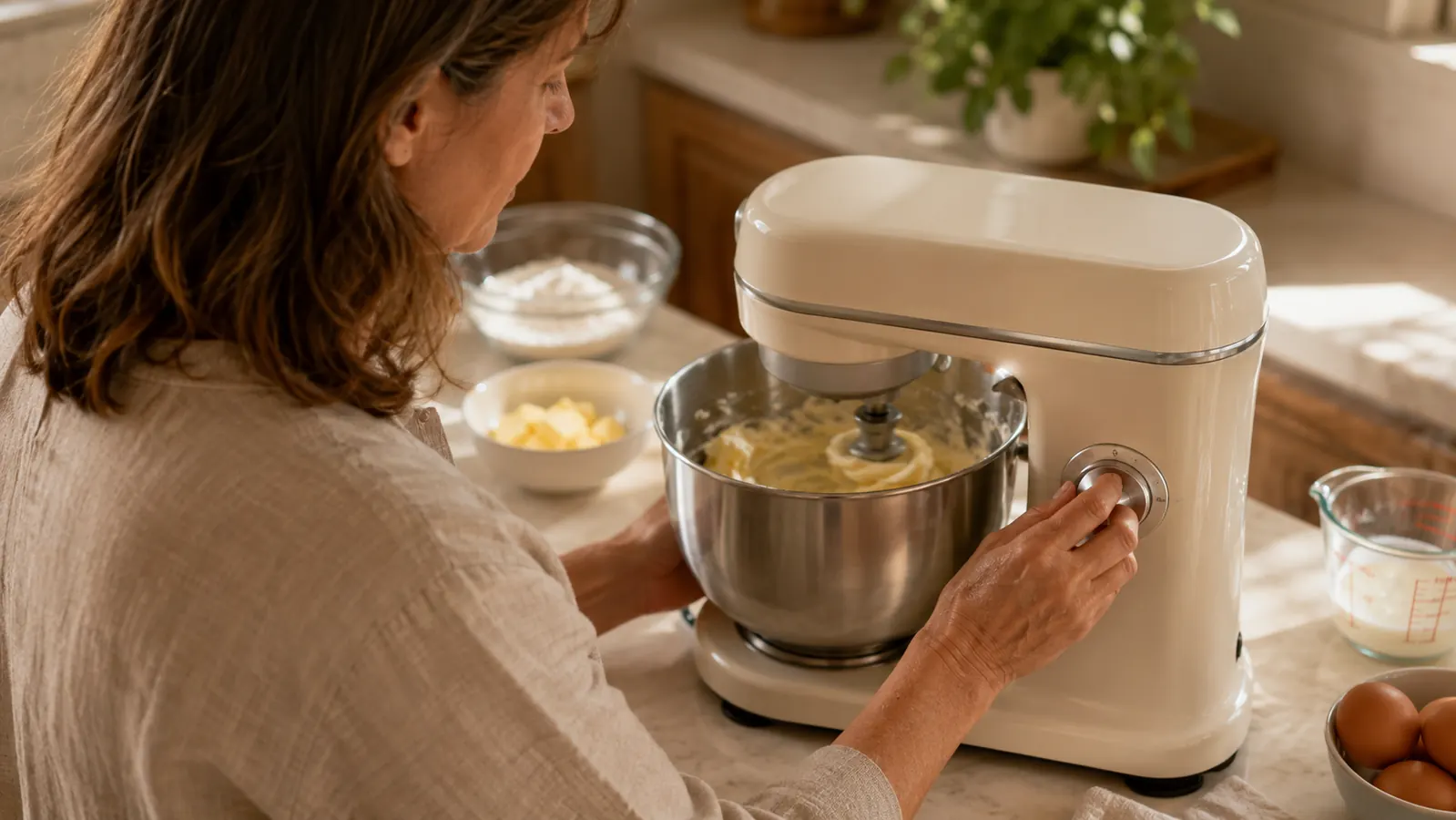 A hand turning the speed dial on a stand mixer while butter is being creamed in the bowl