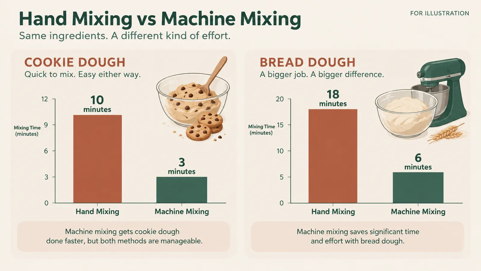 An illustration comparing mixing times by hand and by machine for cookie dough and bread dough