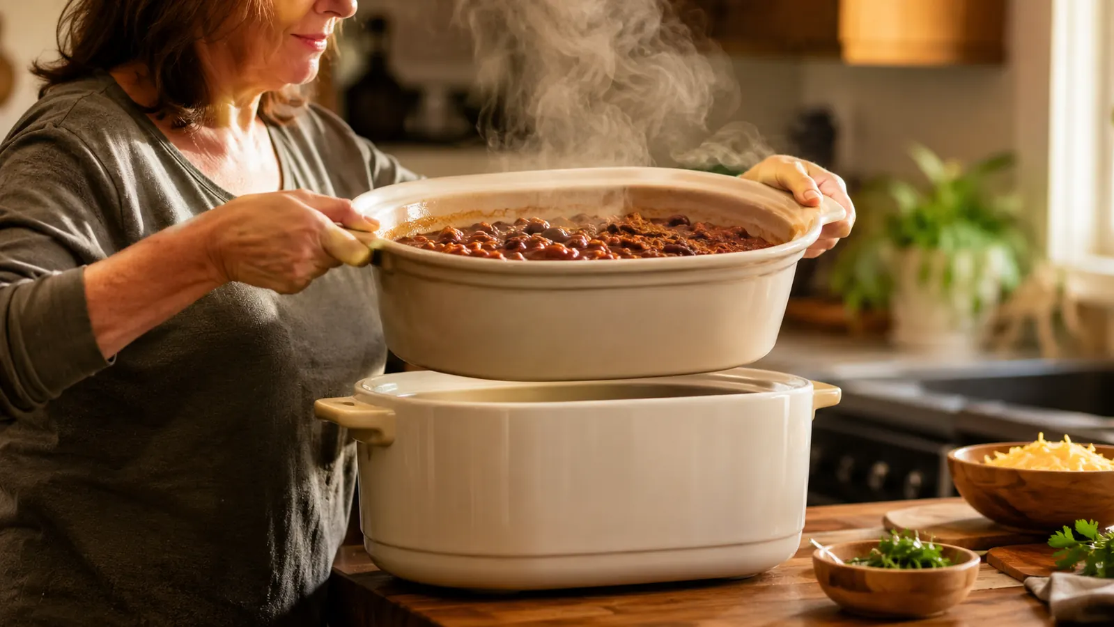 A cook's hand lifting the heavy stoneware insert out of the slow cooker base, filled with a rich chili, steam rising, on a kitchen counter