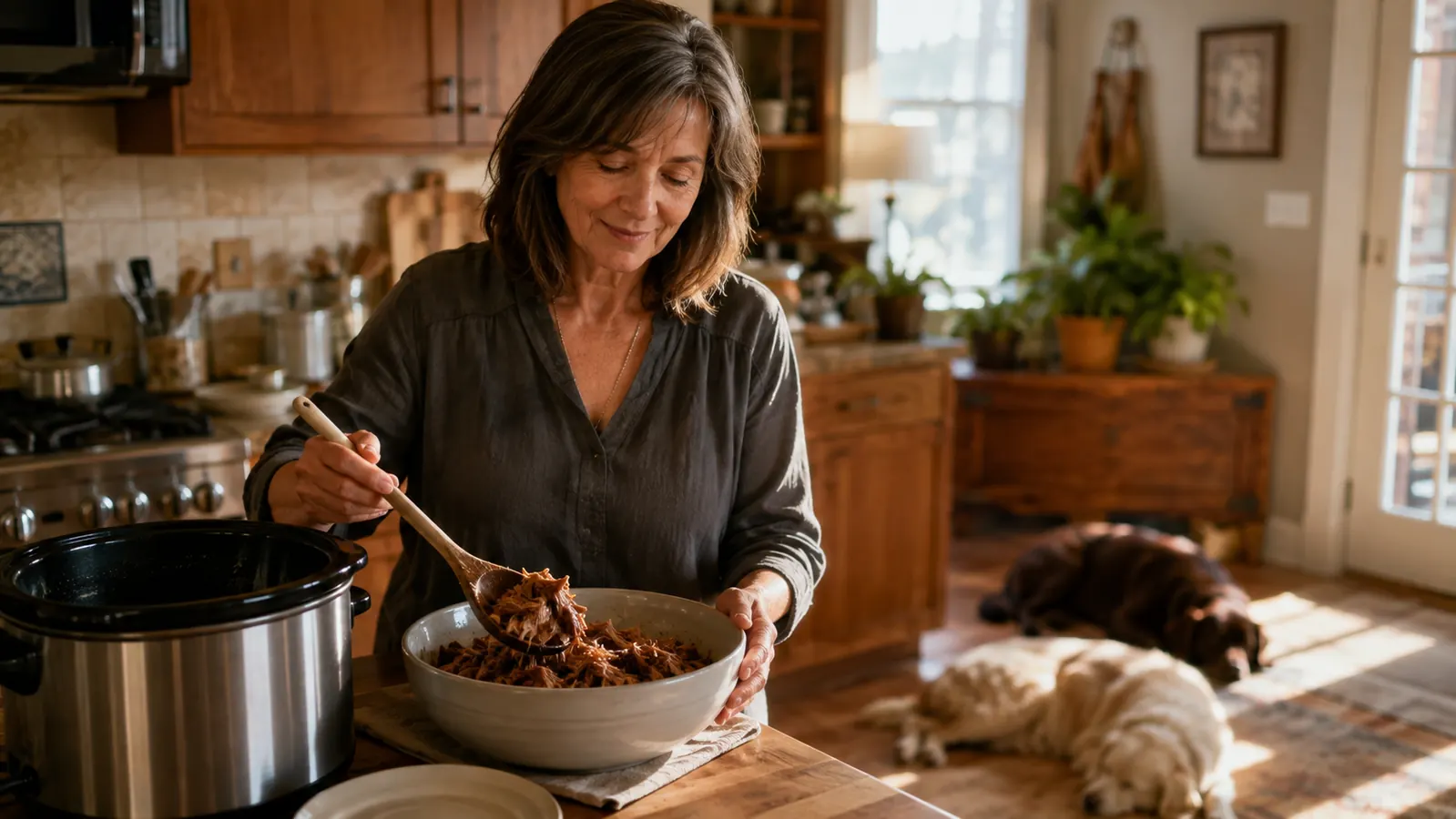 A bowl of slow-cooked pulled meat on the counter beside the empty slow cooker insert, with a ladle and two dogs napping on the kitchen floor nearby