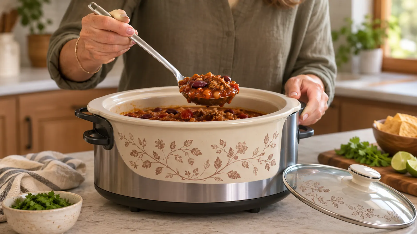 A hand lifting a steel ladle of chili from the stoneware insert of a slow cooker on the counter, the lid off and set aside