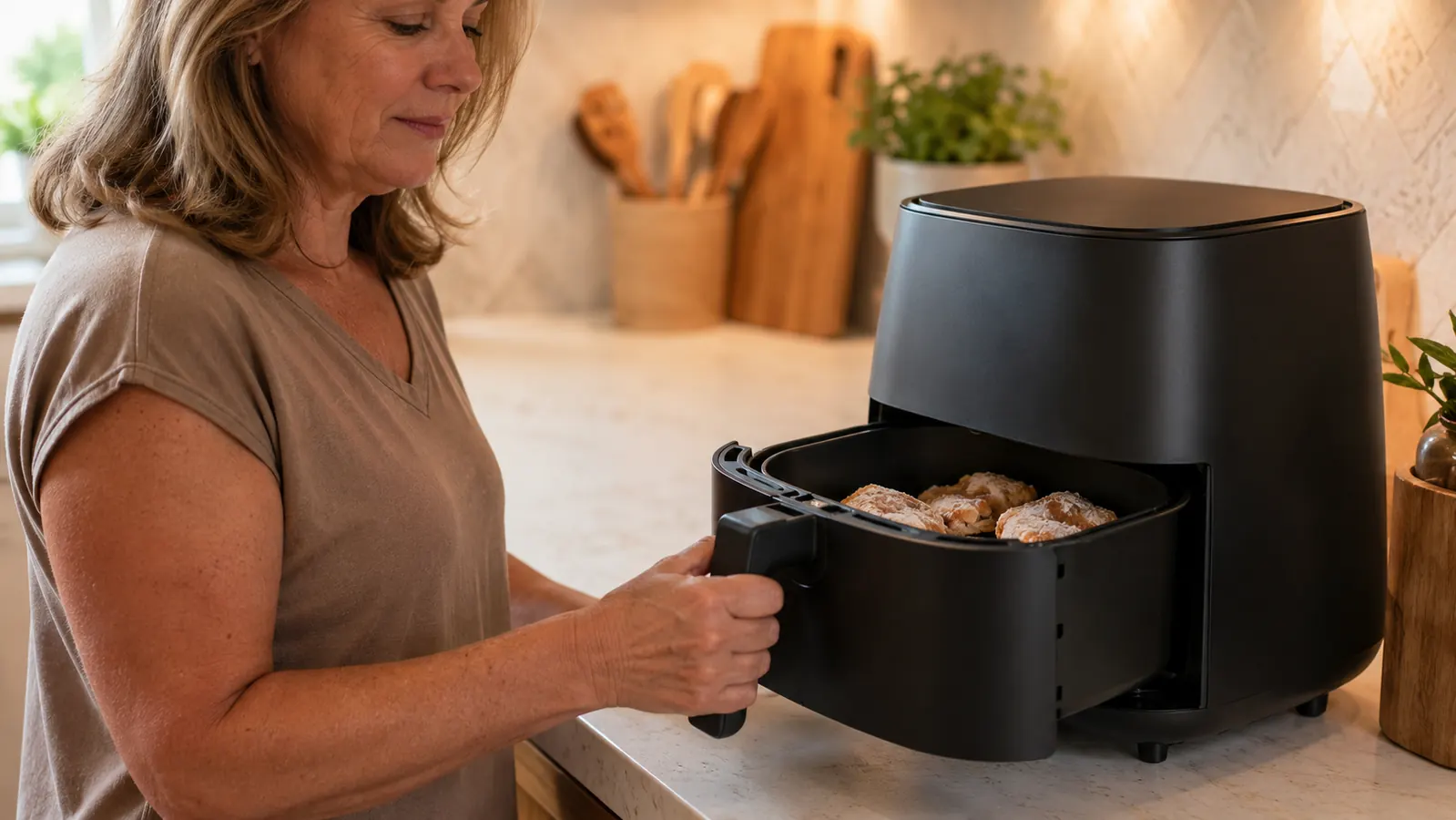 Frozen chicken pieces laid in a single even layer in the air fryer basket before it slides closed