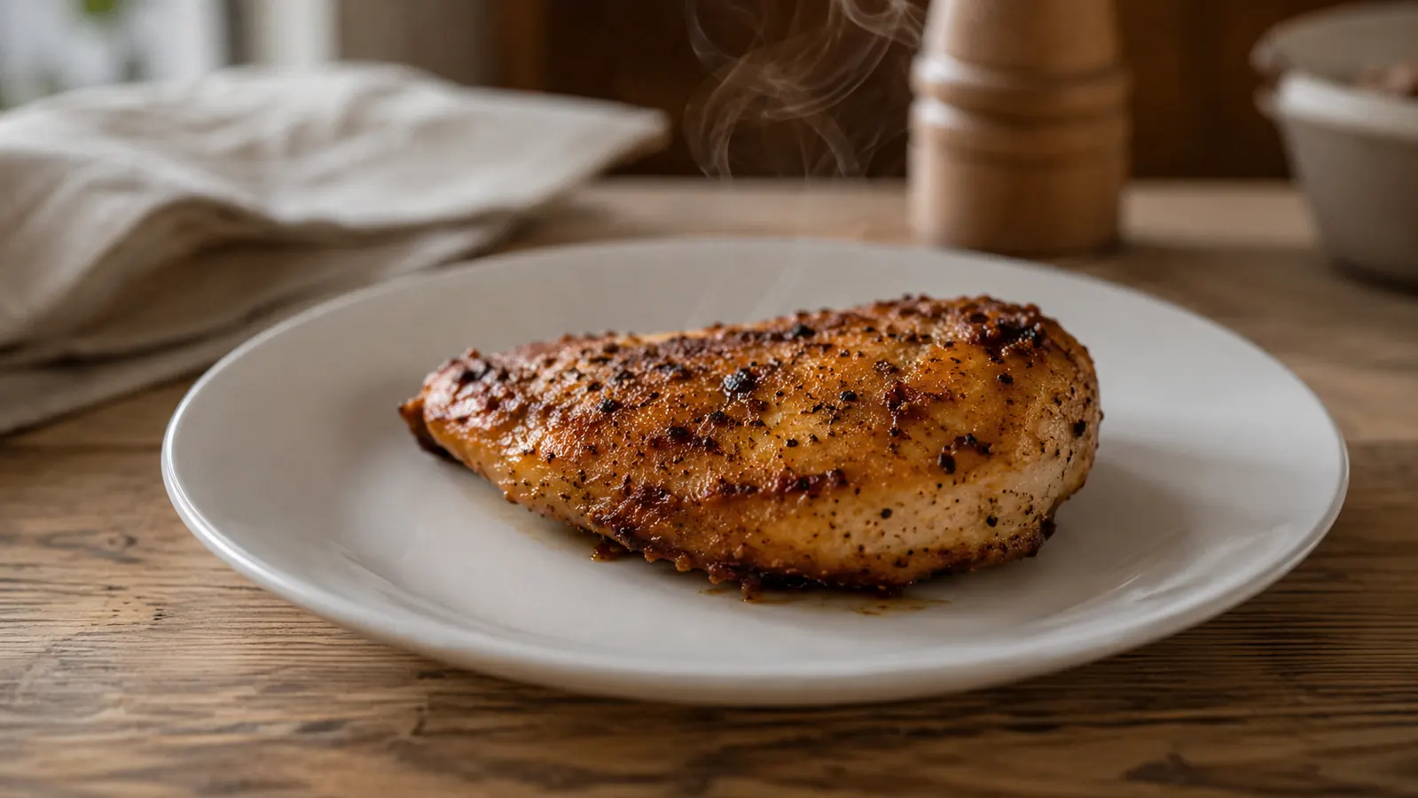 A whole golden air-fried chicken breast on a small white plate with a crisp seared crust, on a simple wooden table