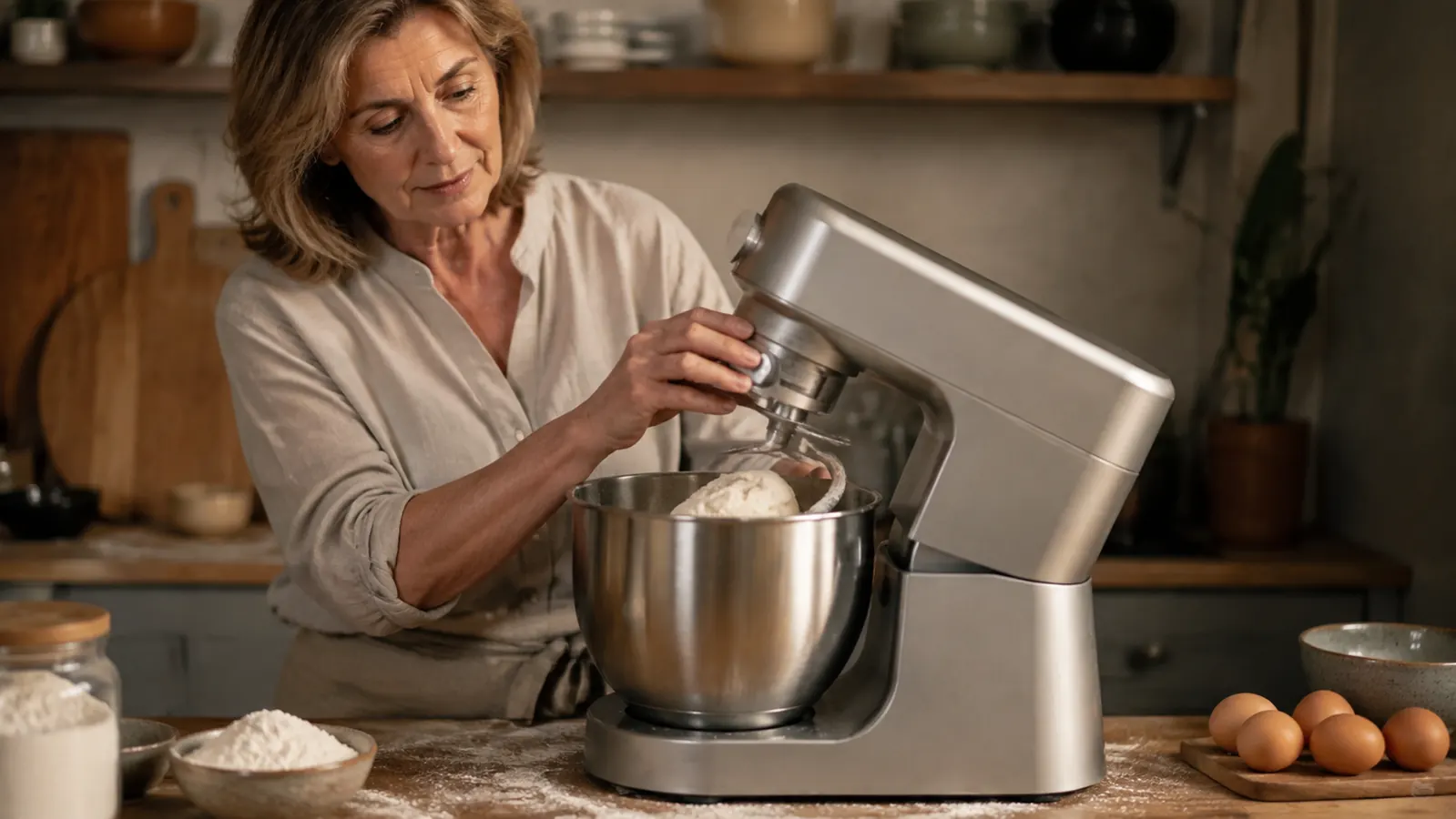 A dough hook turning a pale ball of bread dough in the mixer bowl, flour on the counter beside it