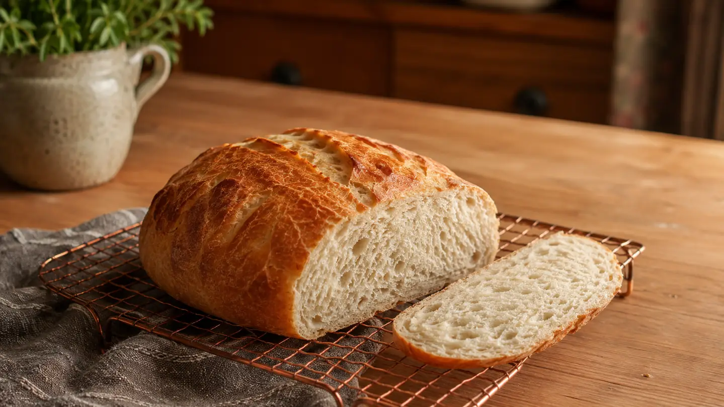 A whole golden bread loaf cooling on a wire rack, a slice beside it, in simple warm kitchen light