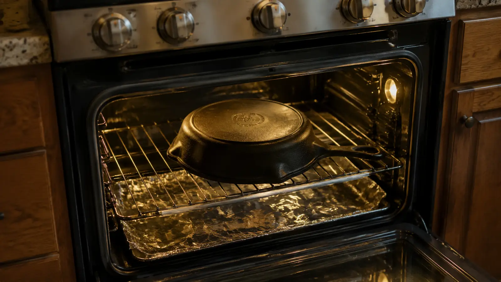 An upside down iron skillet hanging in a warm oven over a foil-lined rack below it