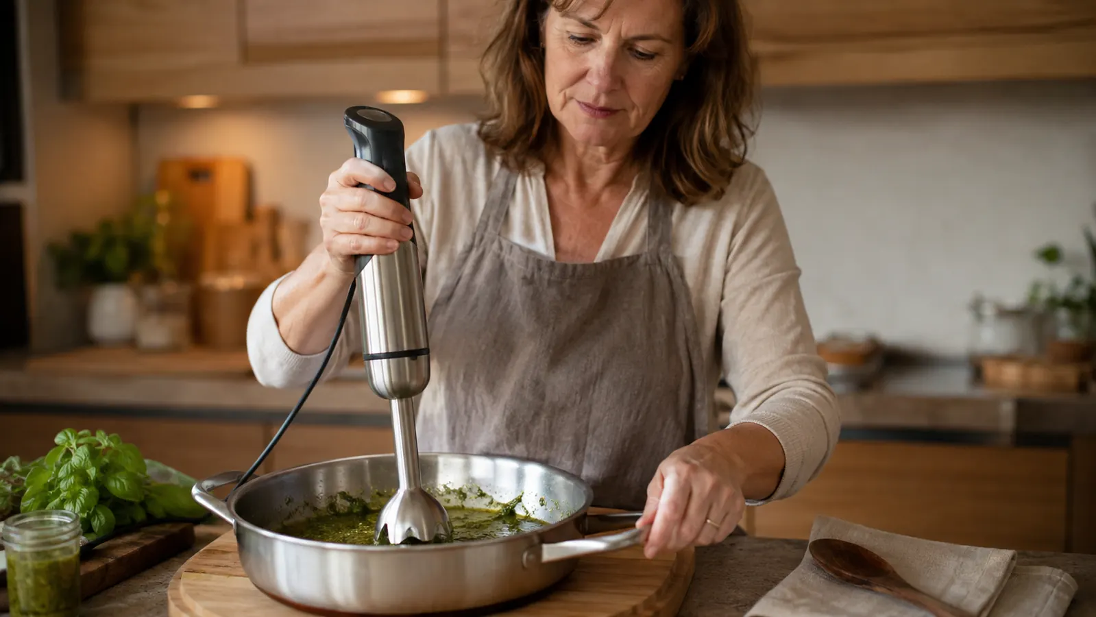 A person's hand holding the motor body of a hand blender down into a shallow stainless pan of a green pesto-like sauce, blending in short strokes
