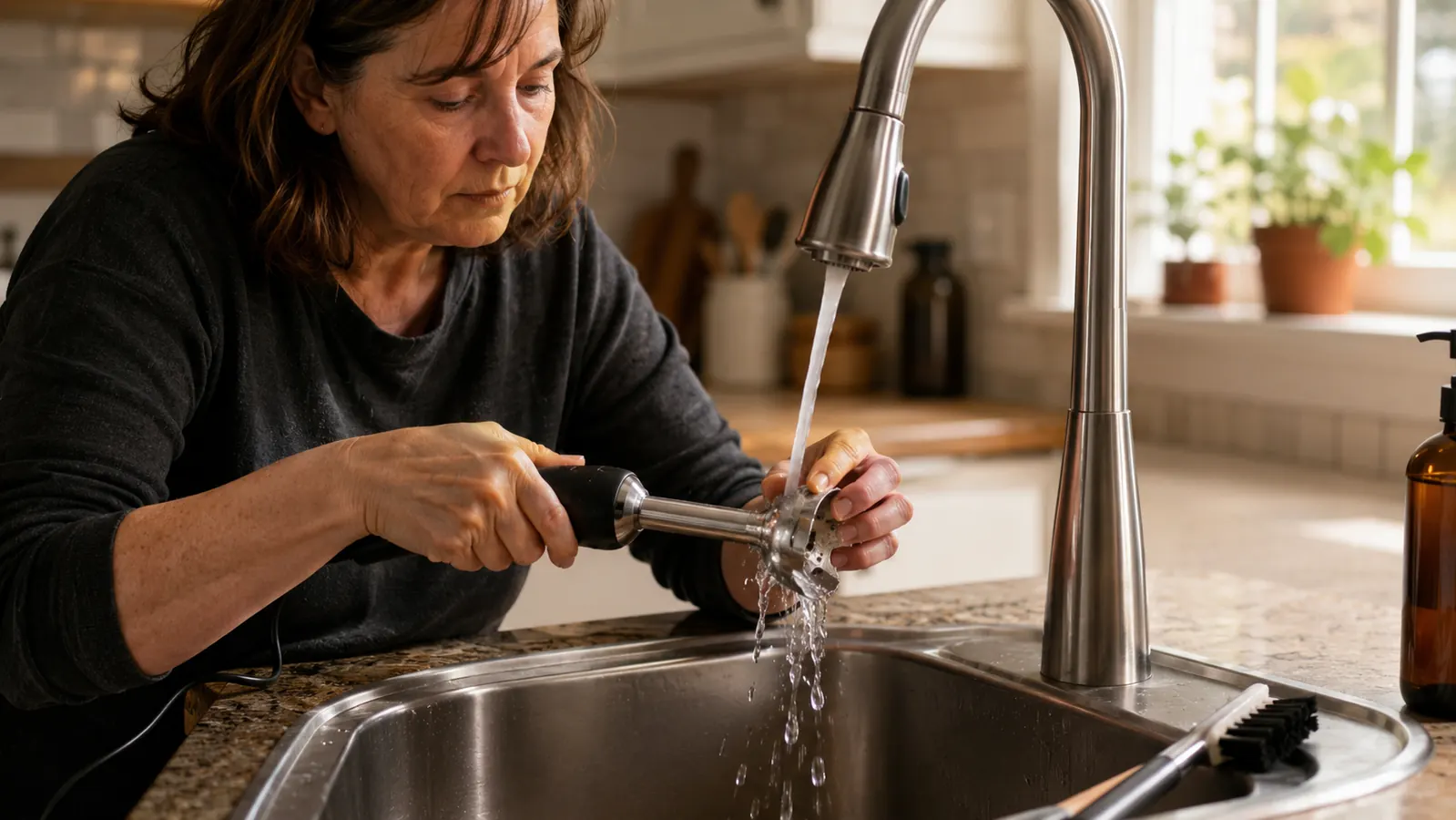 A hand blender wand held under a running faucet, a small cleaning brush resting beside it on the sink, showing the blade guard at the lower end
