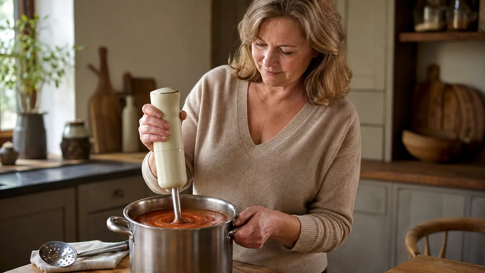 A hand with a long-stemmed hand blender lowered into a stainless pot of tomato cream soup, a few red tomato skins visible on the surface