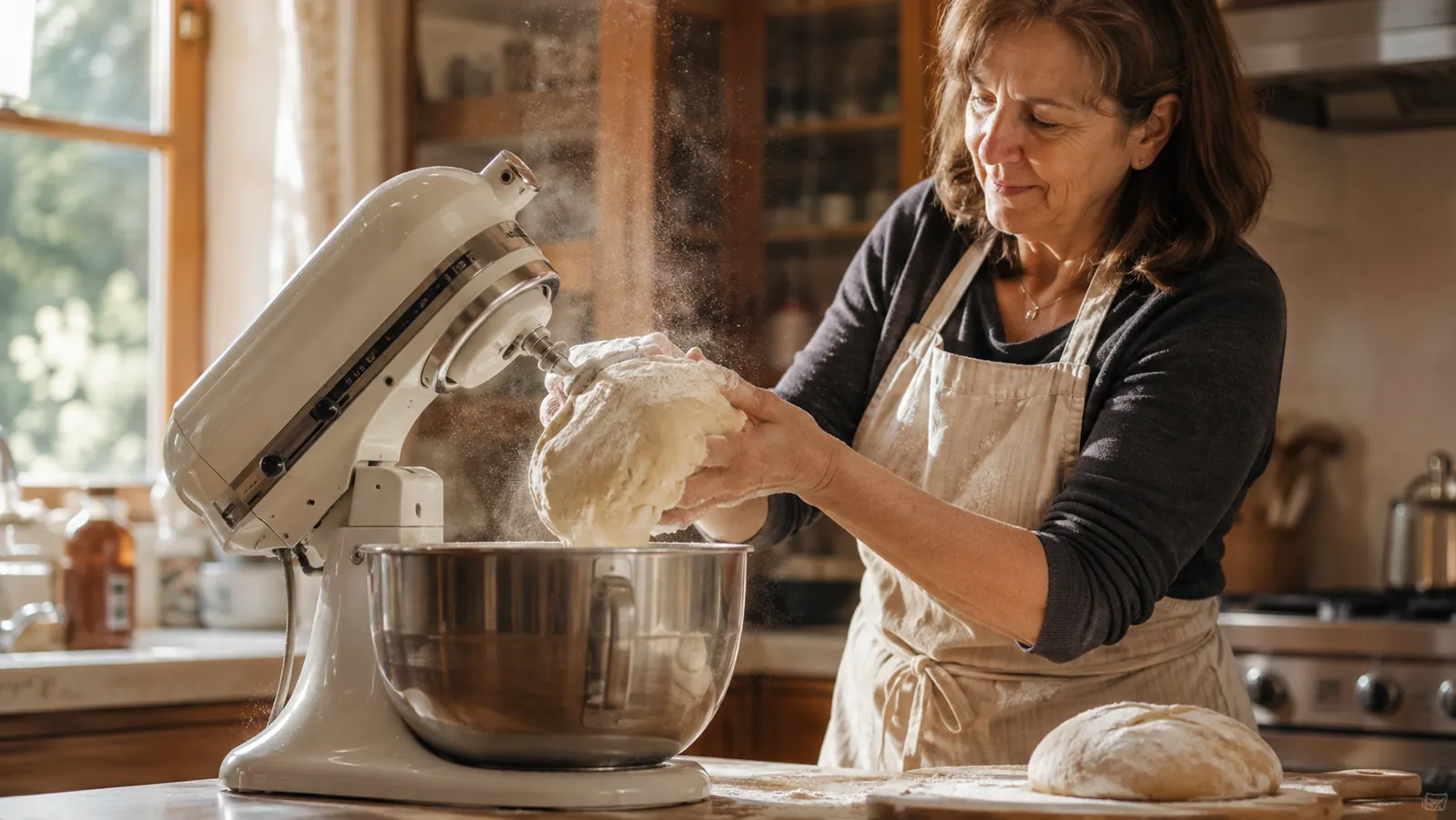 the tilt head of the stand mixer tipped up to free a dense ball of bread dough, with a risen loaf on a floured board on the counter beside it