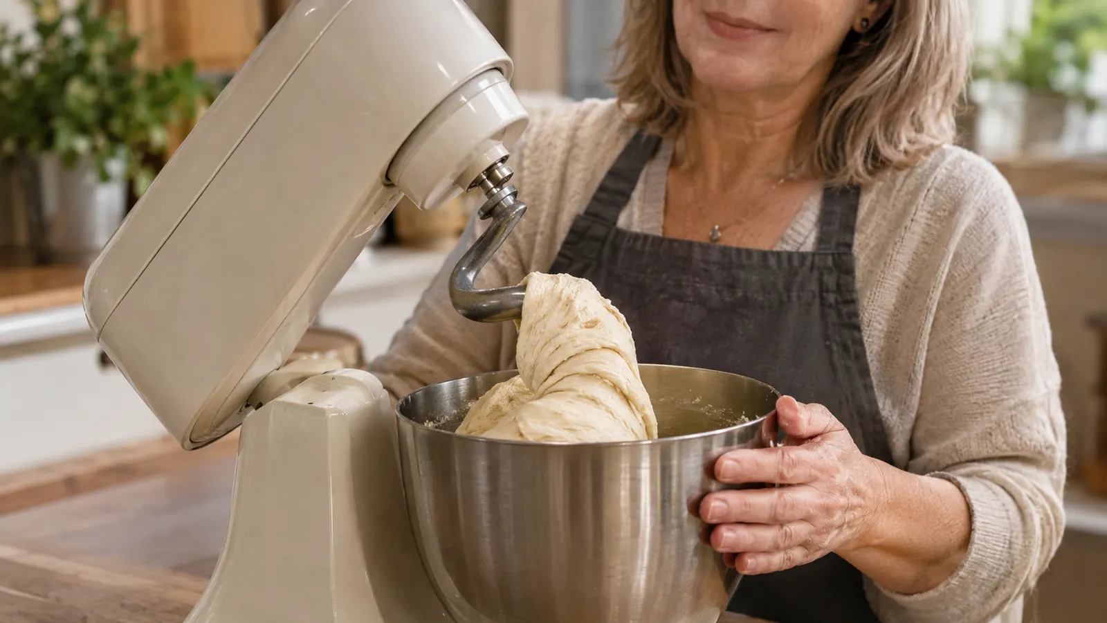 a hand steadying a stand mixer bowl while the dough hook turns a soft bread dough that has climbed up the hook