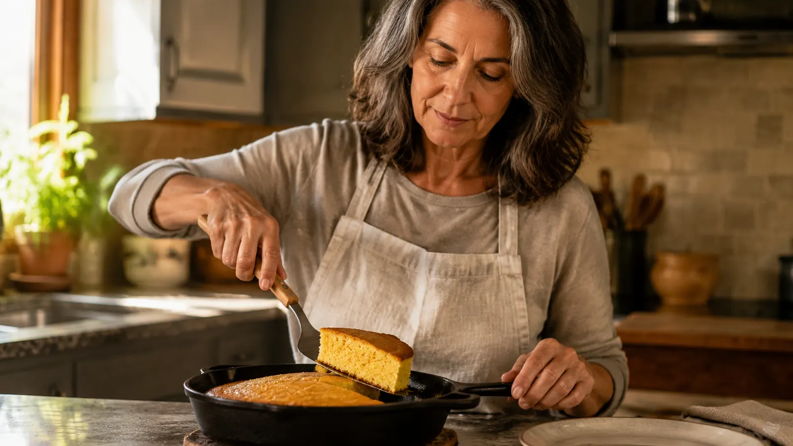 A hand sliding a spatula under a golden wedge of cornbread in a cast iron skillet