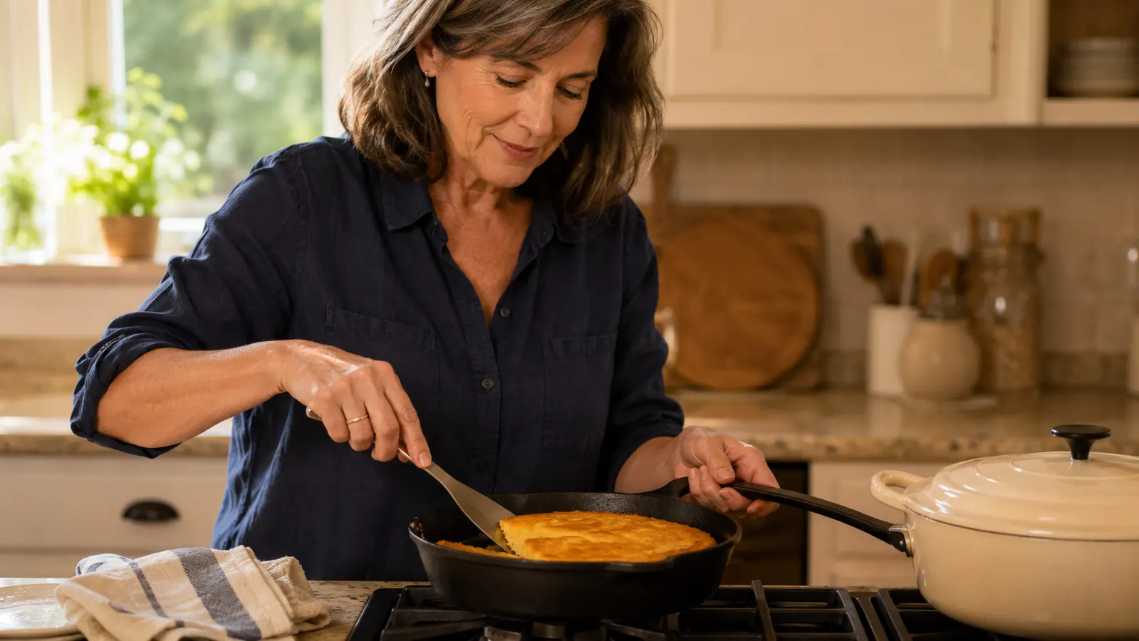 A home cook's hand steadying the skillet handle while sliding a spatula under the browned edge of a slice of cornbread