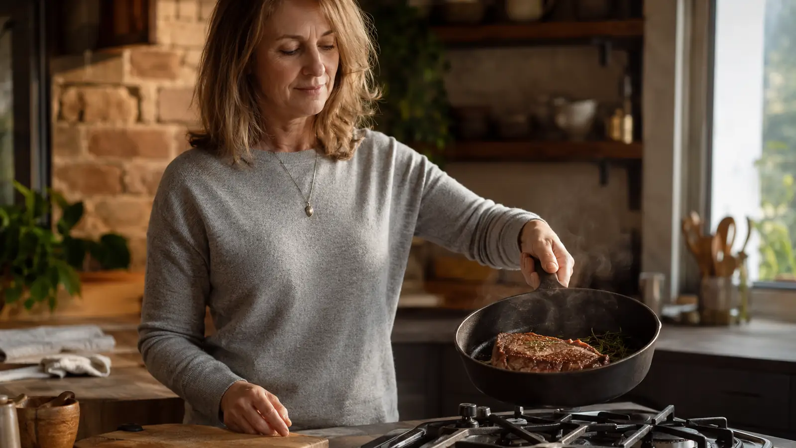 A hand lifting the plain cast iron skillet off the burner, a seared steak inside with steam rising