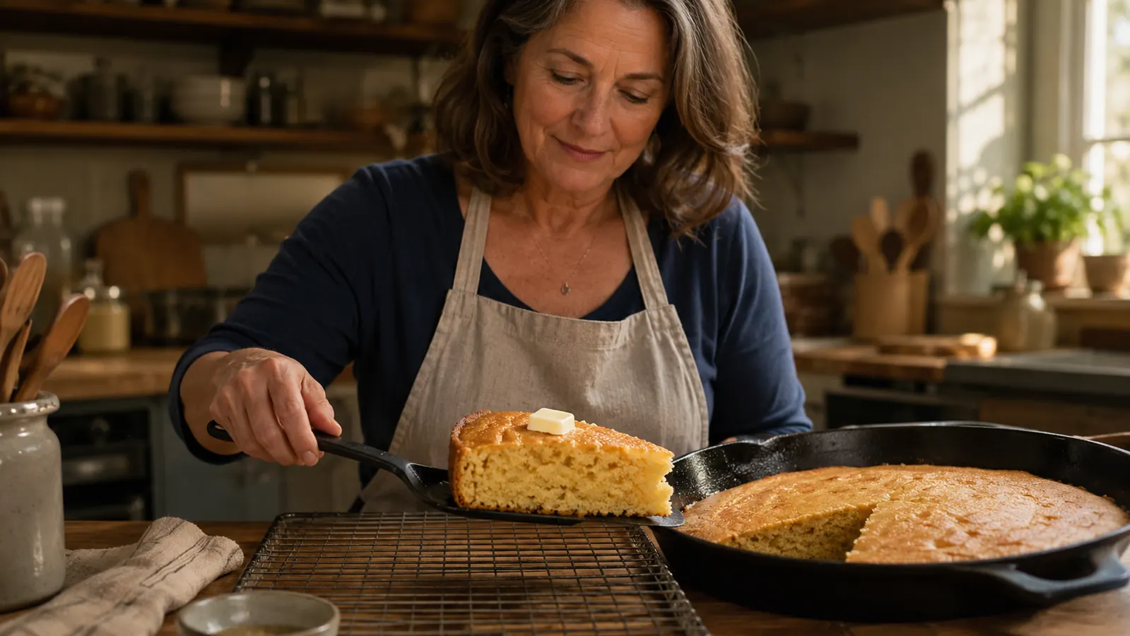 A chunky slice of golden cornbread coming out of a cast iron skillet onto a cooling rack