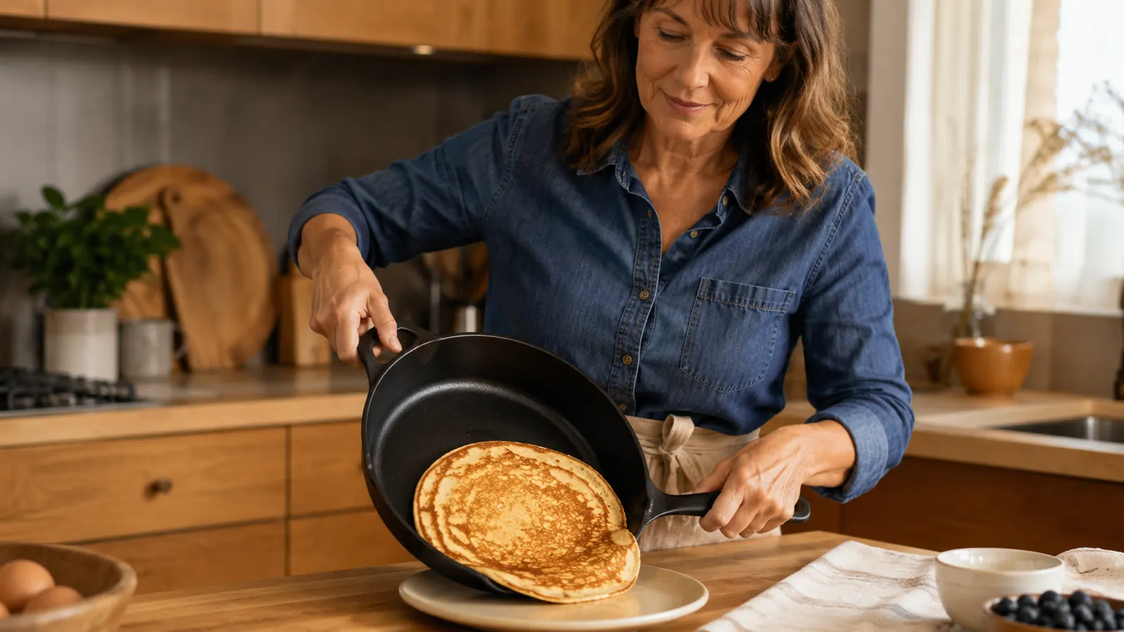 A cook's hands using a cast iron skillet to slide a pancake onto a plate, golden edge catching the light