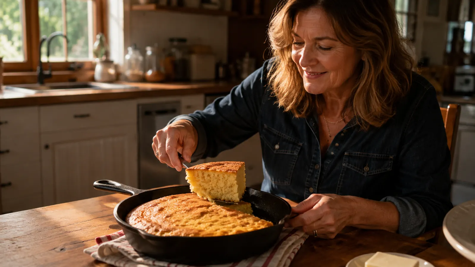 A wedge of golden cornbread cut from a cast iron skillet on a wooden table, butter melting on the crust