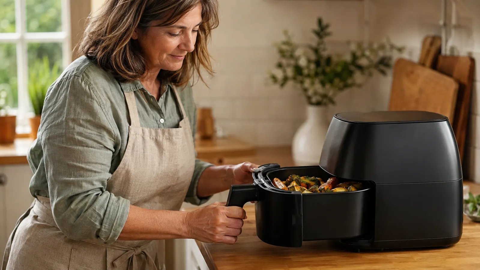 Hands pulling open the air fryer basket to check golden roasted vegetables