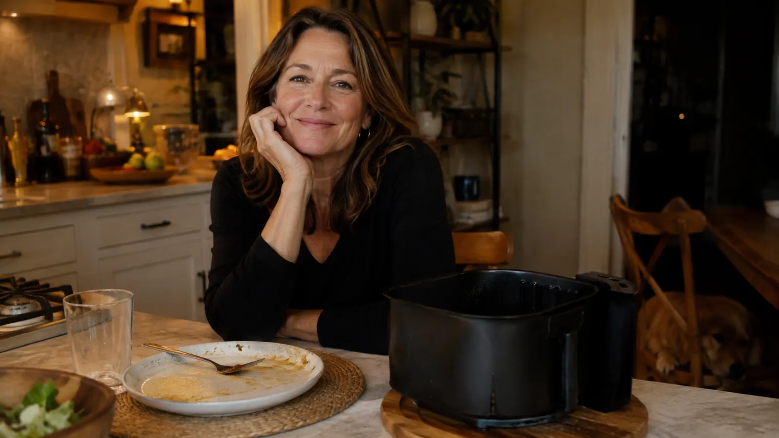 A cleared dinner plate and the air fryer basket set on a trivet after a weeknight meal, a dog resting under a kitchen chair