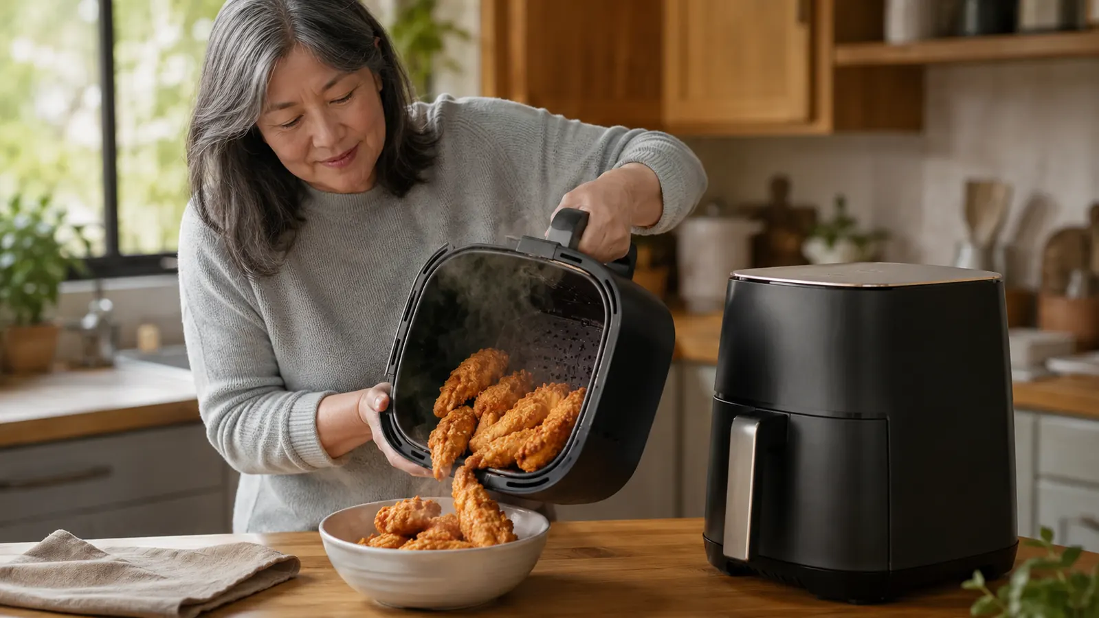 Hands shaking a basket of golden crispy chicken tenders into a ceramic bowl on a wooden counter, steam rising