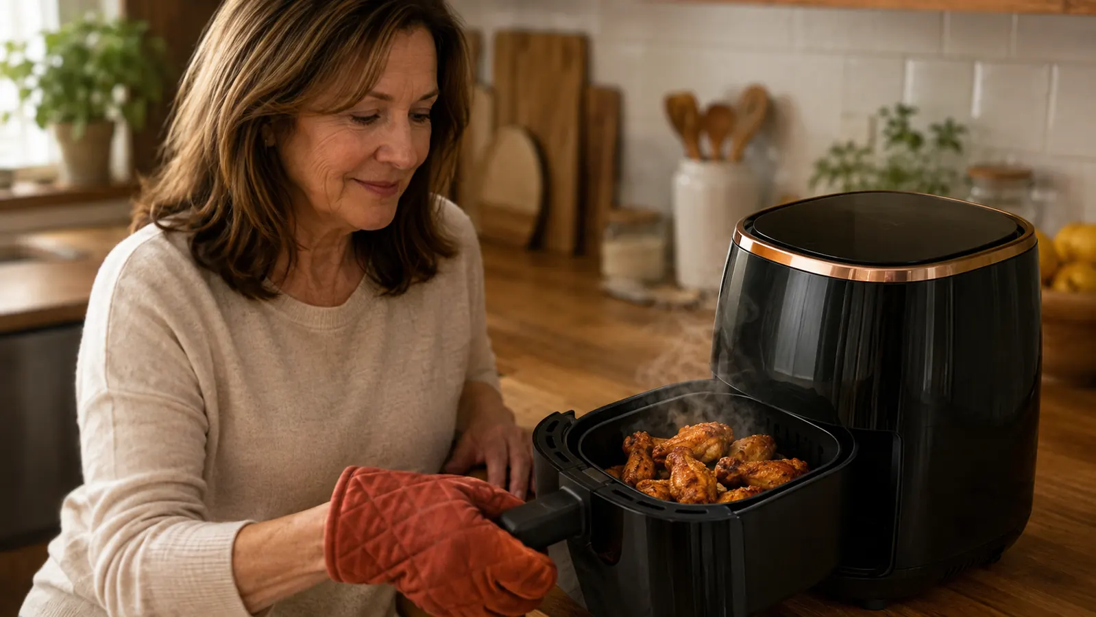a hand in an oven mitt pulling the crisper basket out of the open air fryer drawer, golden crispy chicken wings tumbling with a light drift of steam