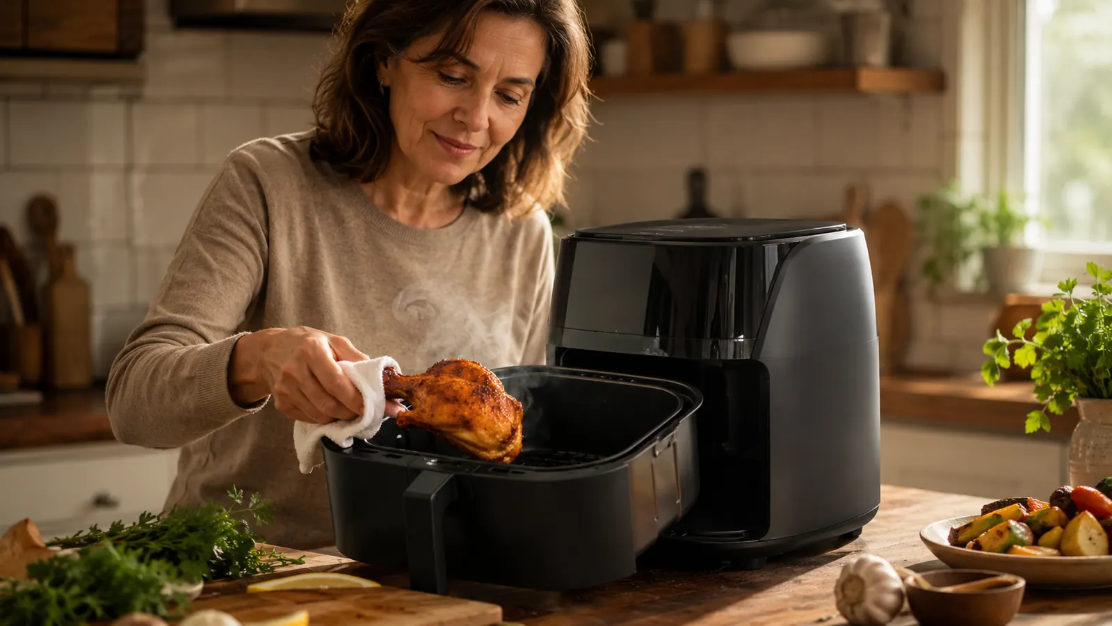 A hand in a clean white tea towel pulling a golden drumstick from an open air fryer basket on a kitchen counter, steam rising
