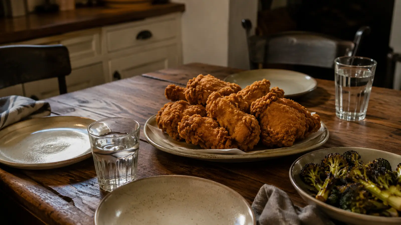 A rustic dinner table with a platter of golden crispy fried chicken, a side of roasted broccoli with charred tips, and two simple plates set for dinner in warm lamplight