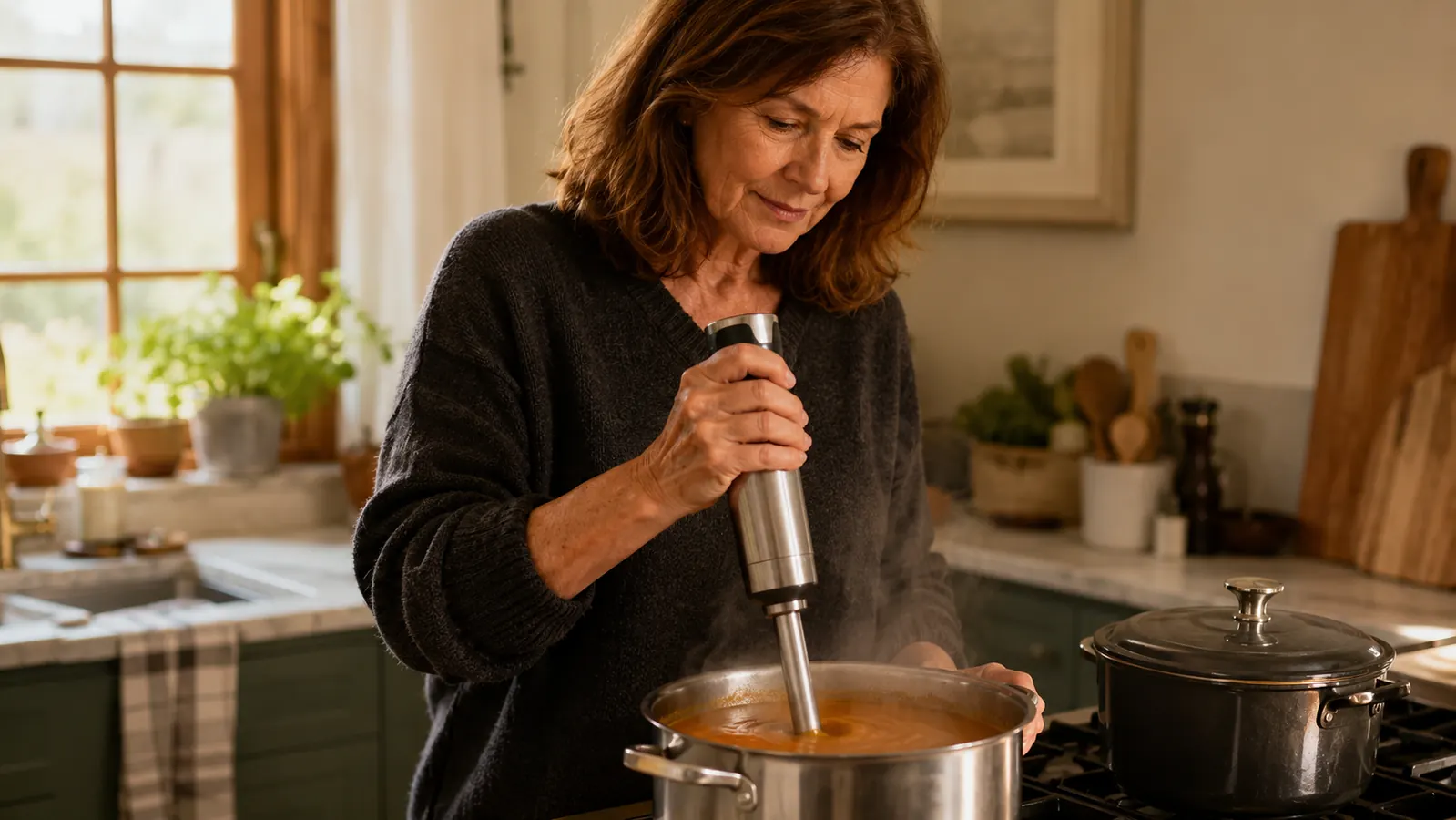 A hand held over a pot of soup on the stove with a blending shaft lowered into the steam