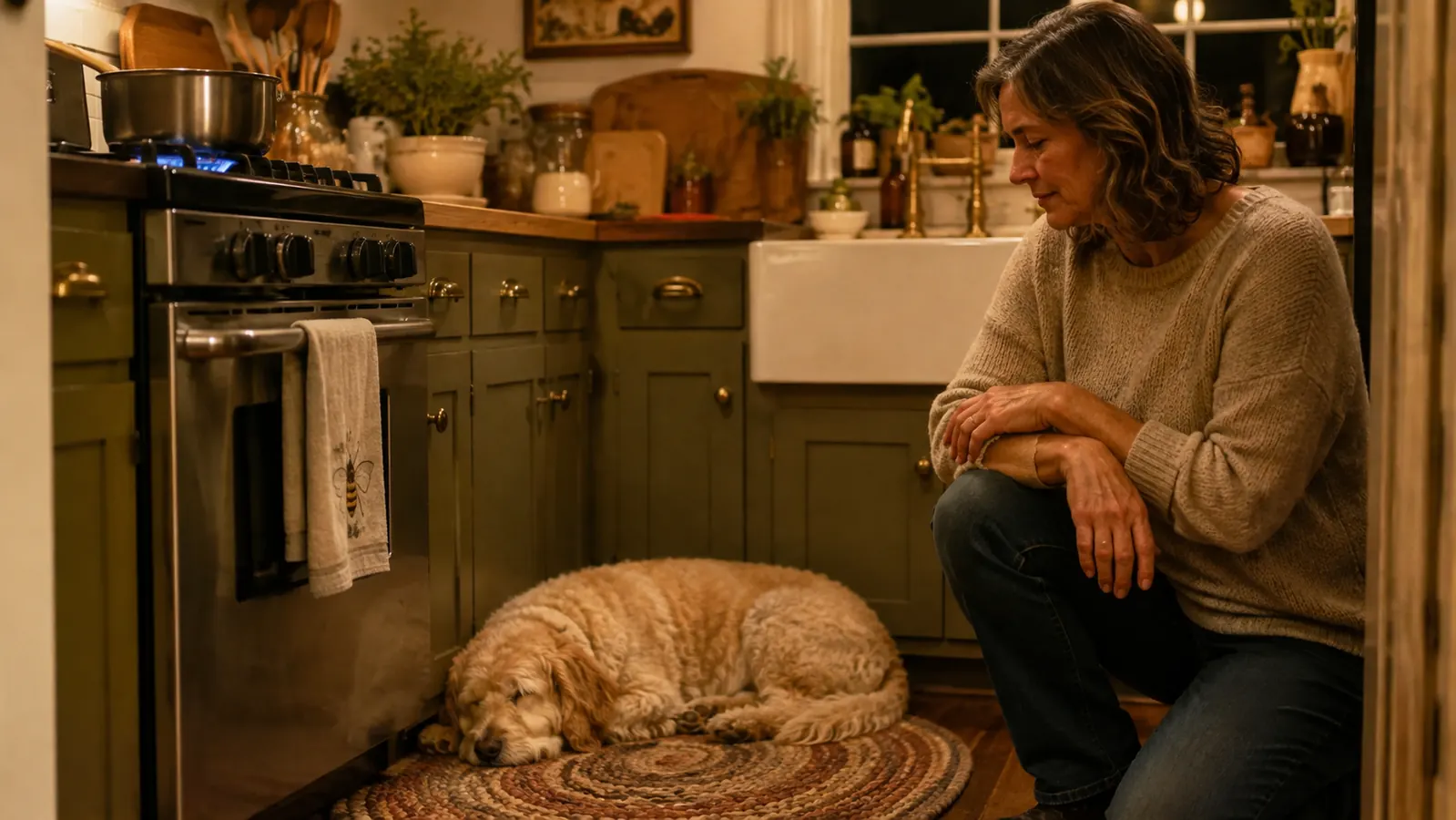 An older dog curled asleep on a braided rug beside the stove while soup simmers