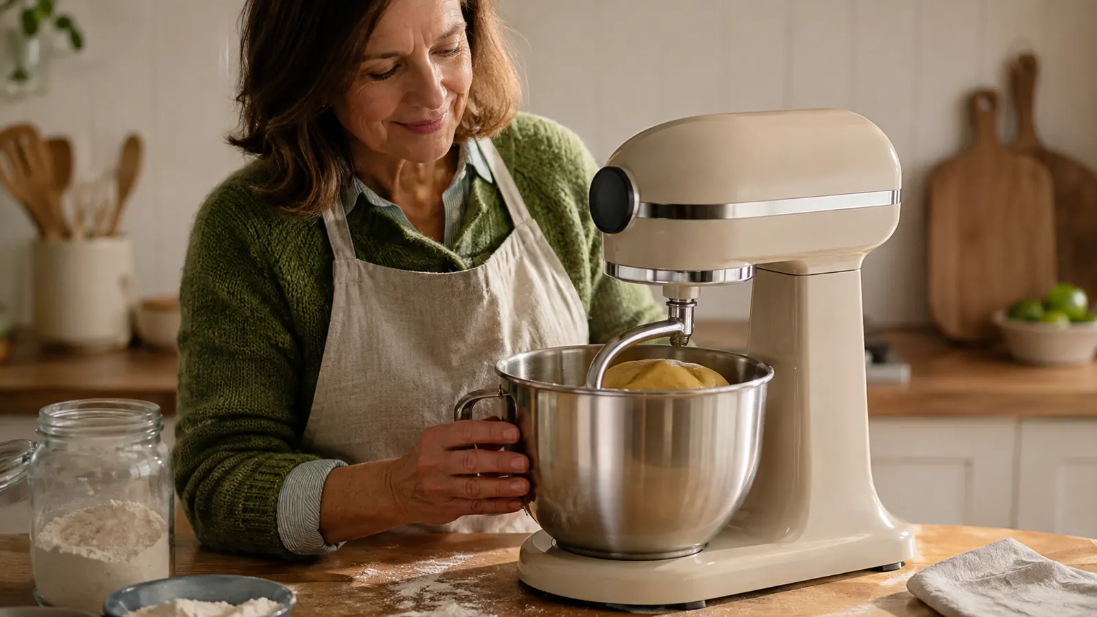 A stand mixer kneading golden bread dough with a dough hook while a hand in a green knit sleeve steadies the stainless bowl