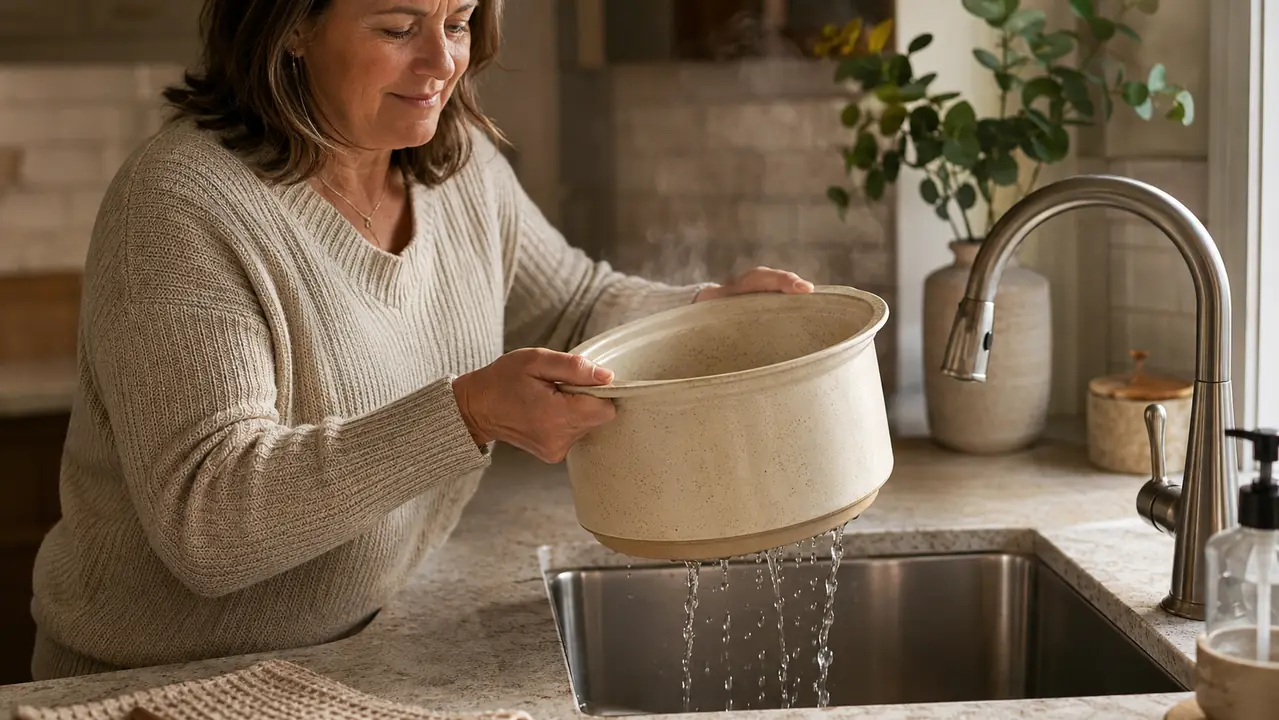 Hands lifting the stoneware insert of a slow cooker up to rinse it at a home sink, steam rising over warm water
