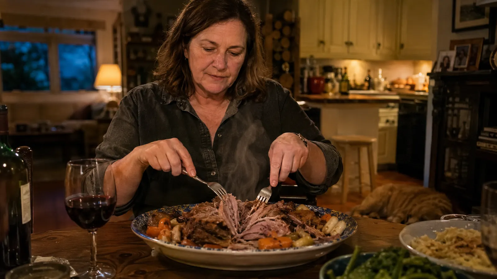 A pot roast being pulled apart with two forks on a ceramic platter at a home dinner table in the evening, a dog asleep under the table legs